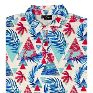 Yatta Performance Golf Polo Men’s XL Red White Blue Tropical Floral Short Sleeve